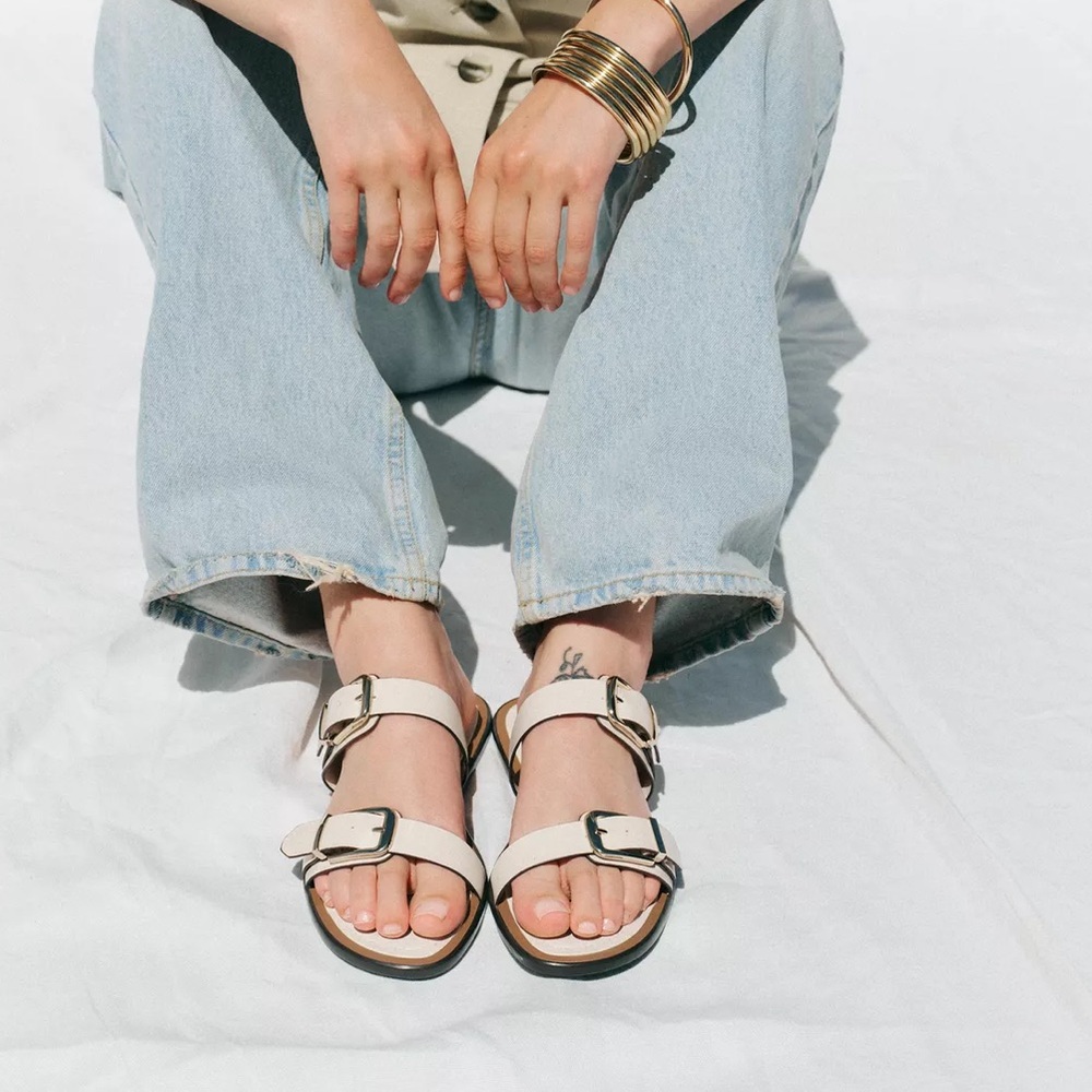 Zara Cream Slide Sandals with Metal Buckles